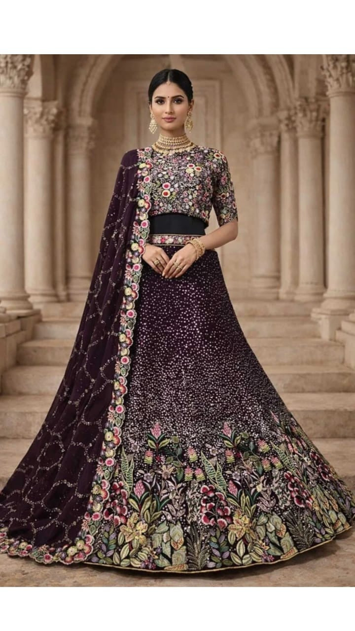 Wine Embroidered Lehenga